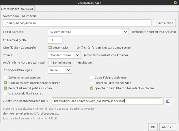 Voreinstellungen der Arduino IDE für den DigiSpark Rev.3